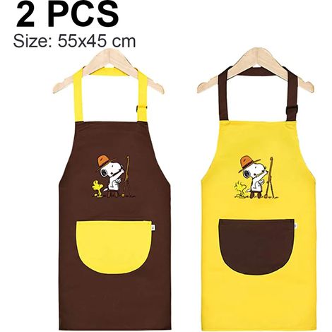 Delantal de pintura para niños, 2 unidades delantales de niños con bolsillos, delantal infantil impermeable ajustable para pintar, cocinar, hornear (Amarillo+Café, S) (1/5)