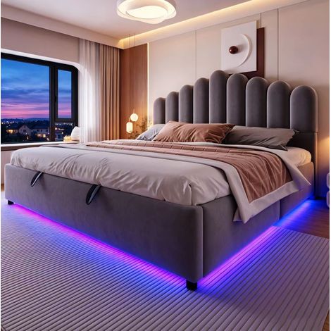 Etagenbett 180/200 cm en terciopelo gris con arcón hidráulico, LED y cabecero acolchado (1/5)