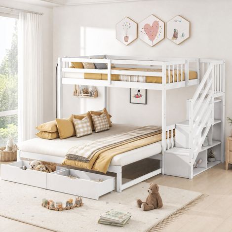 Litera 90x200 cm con cama nido extensible a 180x200, 2 cajones y escalera con almacenaje, en madera de pino y MDF, color blanco, para dormitorio - CHICFURN (1/5)