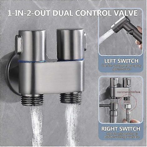 Mini robinet multifonction en laiton chromé 1 entrée 2 sorties, double commande, pour lave-linge et WC. (1/5)