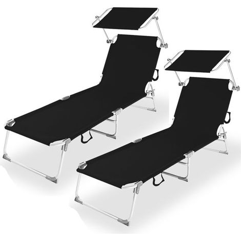 Chaise longue pliante - JUANIO - Lot de 2 - Aluminium antirouille - Pare-soleil réglable - Toile polyester anti-UV (1/5)