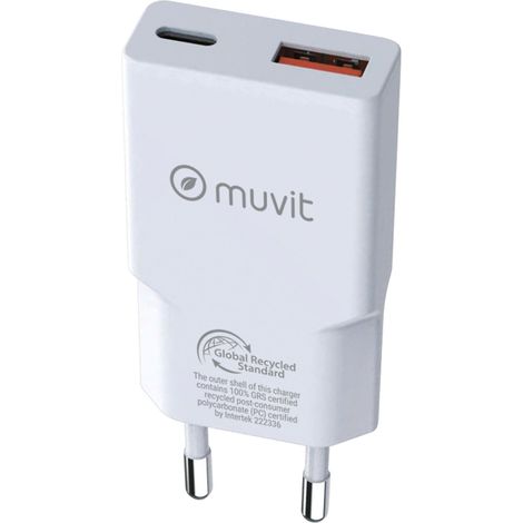 Muvit for change charger de wall slim 1 usb qc 3.0 18w+1 type c pd 30w blanco