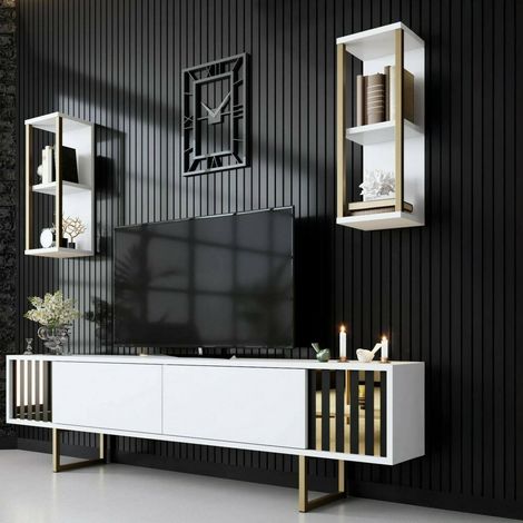 Dmora - Fernsehschrank Dliveran, Ständer für Wohnzimmerfernseher, Niedriges Wohnzimmer-Sideboard, TV-Ständerbasis, 180x30h48 cm, Weiß und Schwarz (1/5)