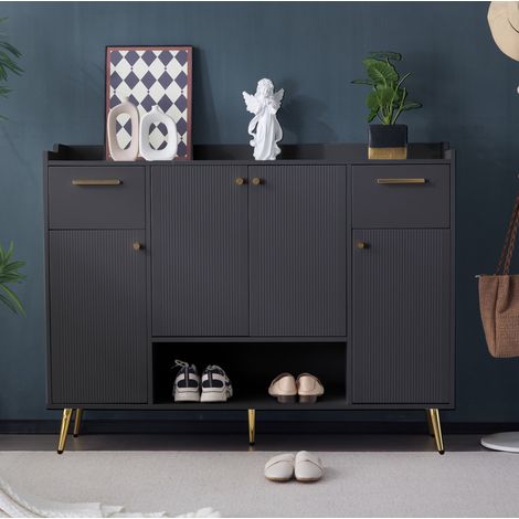 Scarpiera HAVRYA con 2 cassetti, 4 ante e vano a giorno, 130x37x100 cm, nera (1/5)