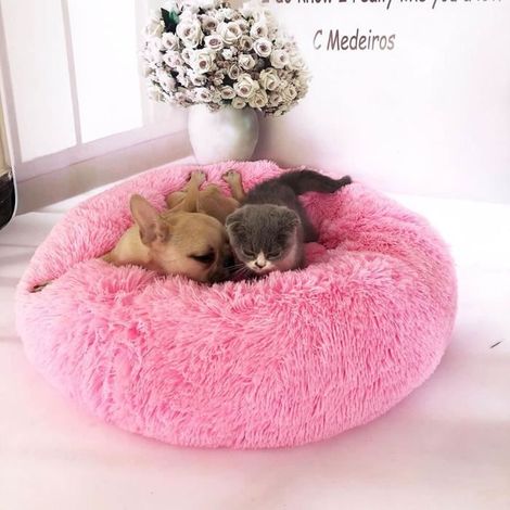 Couchage Panier Chien Chat Peluche Douce Lit Coussin Rond D\'intérieur Sac de Couchage Chaud Hiver Apaisant Lit Animaux ROSE φ50cm (1/3)