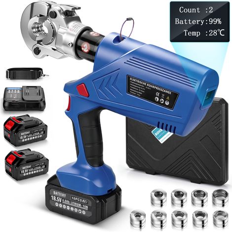 60kN Pince Sertissage Électro-hydraulique Sans Fil Bleu Sertissage Tuyau Accessoire plomberie Type Pistolet Tête Ronde Matrices V TH 2 accus 4Ah Écran LCD 9 Matrices Tuyaux Cuivre Inox Multicouche (1/5)