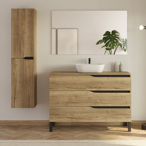 Meuble de salle de bain 120cm avec plateau et vasque arrondie Zeus - 3 tiroirs et colonne de rangement - madera miel (bois clair) - MATA