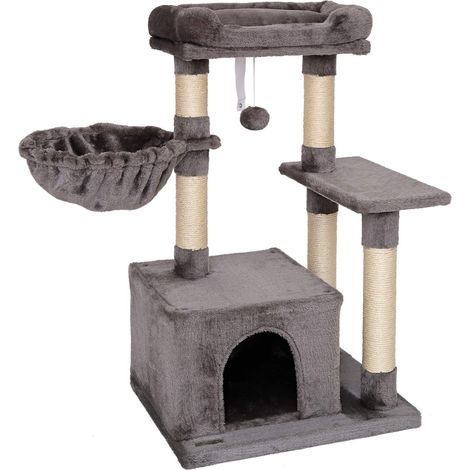 Arbre à chat avec balle en peluche et hamac, hauteur 85 cm, arbre avec sisal et peluche, surface de repos et niche confortables, fixation murale incluse, pour petits et grands chats, gris foncé (1/5)