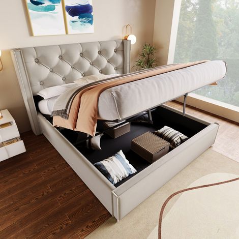Lit double 160x200 cm gris clair en coton avec coffre de rangement et tête de lit capitonnée (1/5)