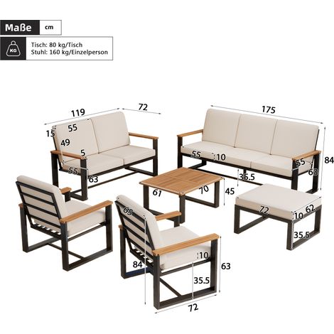 Ensemble de mobilier de jardin salon de jardin complet - 1 canapé 3 places, 1 canapé 2 places, 2 fauteuils, table basse et repose-pieds plateau en bois d'acacia design épuré acier galvanisé beige