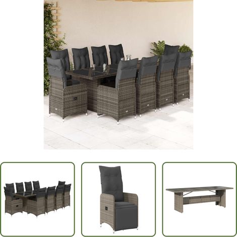 Gartentisch - 11-tlg. Garten-Bistro-Set mit Kissen Grau Poly Rattan (1/5)