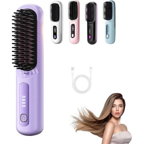Brosse chauffante lissante pour cheveux courts – Violet – 3 niveaux de chauffage, écran LED, rechargeable USB – Légère et portable (1/5)