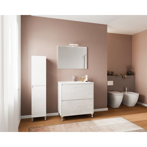 Meuble de salle de bain sur pied 80 cm en bois de chêne blanc avec vasque et miroir - Francia - Avec colonne miroir et lampe LED (1/5)