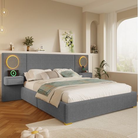 Letto 180x200 cm in velluto grigio con testiera LED, porte USB e cassetti HAVRYA (1/5)