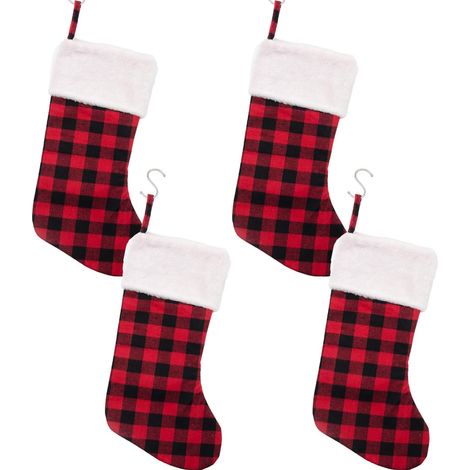 Chaussettes de Noël - Chaussettes de Noël à carreaux rouges et noirs de 42 cm avec revers en peluche pour décorations familiales (4 pièces) (1/4)