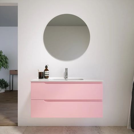Mobile bagno sospeso 100 cm due cassetti rosa cipria opaco con lavabo Ardenne (1/5)