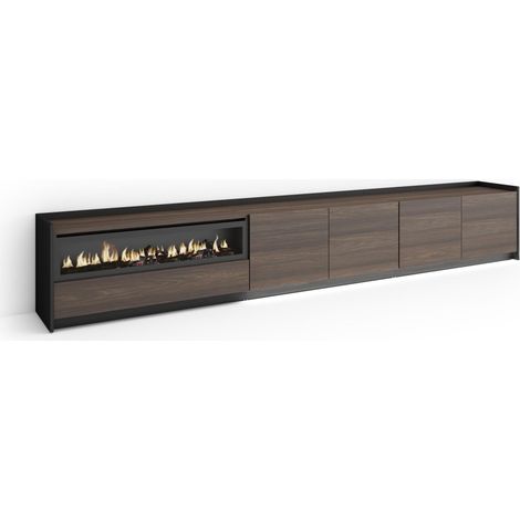 Skraut Home - Mueble TV, Televisión, Muebles de salón, almacenaje, 310x37x50cm, Para TV hasta 80", Chimenea eléctrica, LED, Estilo Moderno, Roble oscuro y Negro (1/5)