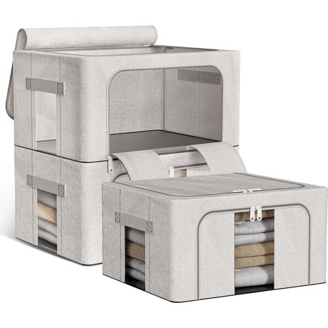 Lot De 3 Sacs De Rangement Robuste Avec Cadre En Métal, Pliables Housse De Rangement Vetement, Boîte De Rangement Avec Fenêtre Transparent Bac Rangement Sous Lit Pour Vêtements (3x100L) (1/5)
