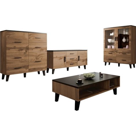 Conjunto de salón Larfloi 112, Roble wotan + Negro