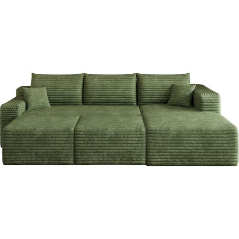 Sofá esquinero modular de 3 plazas en pana, asiento profundo, sin montaje, verde, 241 cm (1/5)