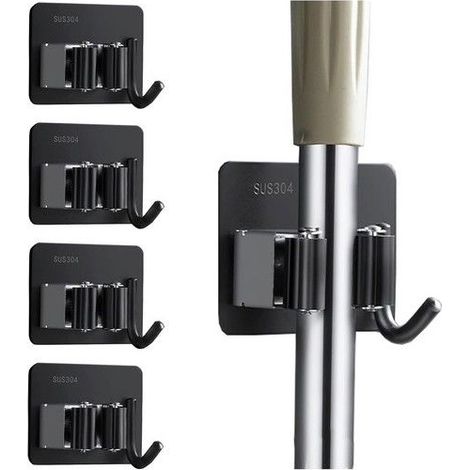 Support mural pour balai (lot de 4) en acier inoxydable SUS304 auto-adhésif, avec crochets, support pour balai et (1/5)