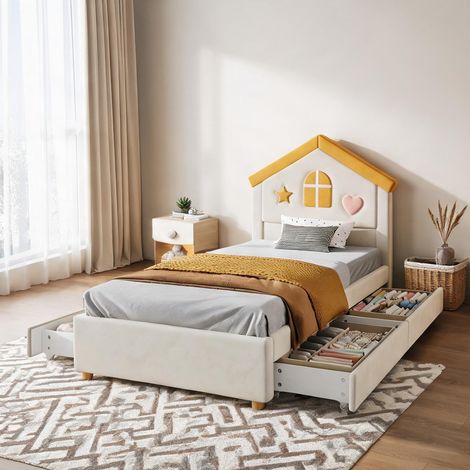 Cadre de lit beige en velours 208,5 x 96 x 112,5 cm (1/5)