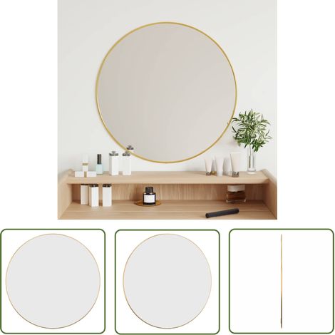 The Living Store Miroir mural Doré Ø 60 cm Rond - Miroir Mural - Miroir Rond - Miroir Doré - Décoration Murale - Miroir Design