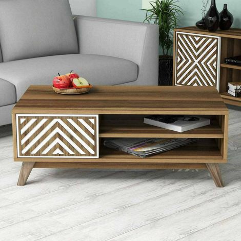 Dmora - Wohnzimmertisch Markab, Niedriger Wohnzimmertisch, Kaffeeregal, Couchtisch für Sofa, 105x60h38 cm, Walnuss und Weiß, mit verstärkter Verpackung (1/5)