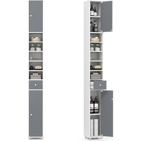 Hoher Badezimmerschrank mit 2 Türen, verstellbaren Einlegeböden, Weiß/Grau (1/5)