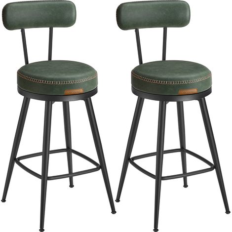 Vasagle – Tabouret de bar vert forêt – Lot de 2 – Siège rembourré PU 8 cm – Hauteur assise 65 cm – Pieds métalliques réglables – Style moderne mi-siècle