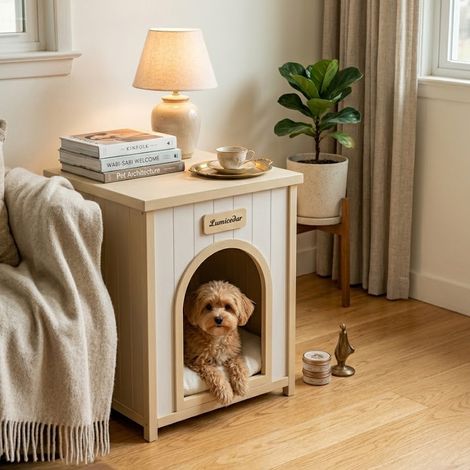 Mesita auxiliar con forma de jaula de perro de madera maciza FSC® para interiores, ideal para perros pequeños y gatos. Mesa auxiliar de estilo escandinavo. (1/5)