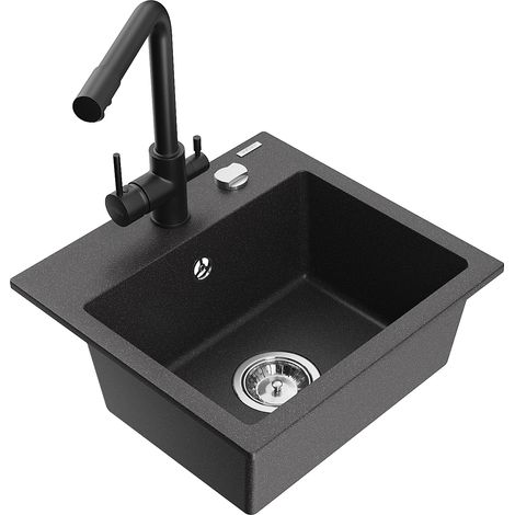 Mexen Milo 1-Becken-Granit-Spüle mit Mischbatterie Duero, Schwarz gesprenkelt - 6505-76-671600-70 (1/5)