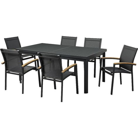 Sala da pranzo da giardino NAURU in alluminio: un tavolo allungabile L.180/240 cm e 6 poltrone impilabili - Antracite