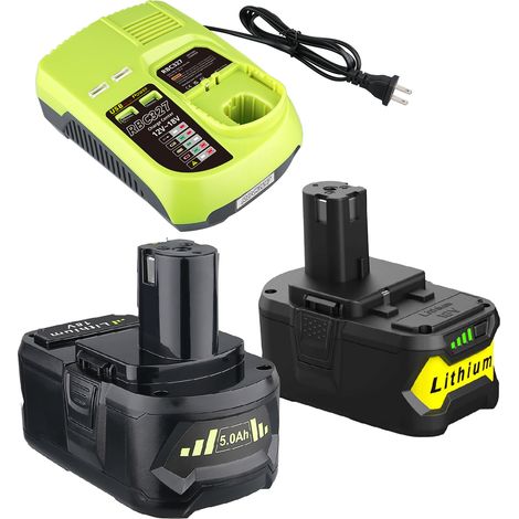 2 × P108 18 V 5,0 Ah Li-on-Ersatzakkus und P117B 3A-Schnellladegerät mit USB-Anschluss, kompatibel mit Ryobi 18 V P102, P103, P109 und Ryobi 18 Volt Plus Elektrowerkzeugen. (1/5)