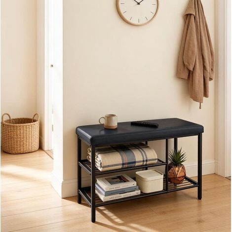 Mueble zapatero 80 x 30 x 50 cm negro con asiento, metal y piel sintética MEUBLIV (1/5)
