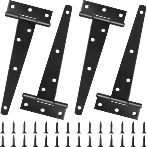 Lot de 4 charnières en T de 150 mm (6 pouces) pour portes en bois extérieures, finition métallique noire, robustes et antirouille, avec vis pour fenêtres, clôtures et portes de cabanon. (1/5)