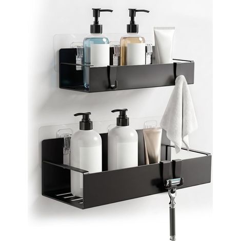 Etagères de Douche sans Perçage, en Acier Inoxydable, avec Crochets Amovibles, sans Perçage, Organisateur de Salle de Bain pour Carrelage, Verre, Noir (1/5)