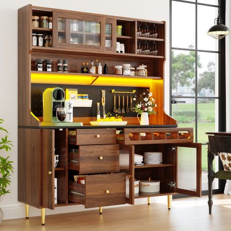 Armadi alti per soggiorno, mobile cucina, mobile sala da pranzo, mobile soggiorno con ripiani regolabili, armadi con illuminazione a LED, cassetto con portabottiglie, 145×39×171 cm, colore noce (1/5)