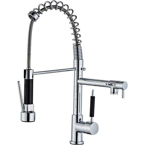 Kitchen sink faucet with pull-out spray head, mixer tap, vanity faucet, double-handle brass countertop kitchen sink faucet, chrome finish (1/4)
