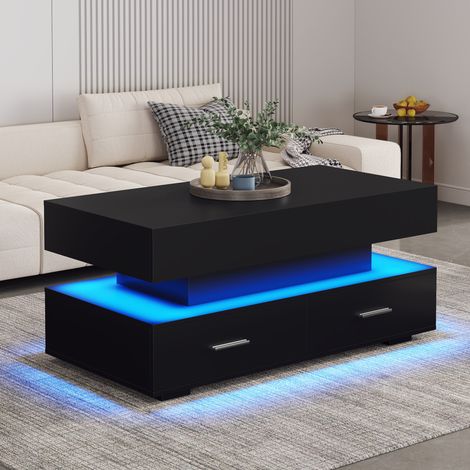 URBAN MEUBLE Table basse noir plateau relevable à hauteur réglable 2 tiroirs et espace de rangement ouvert avec éclairage LED 100x50x44cm (1/5)