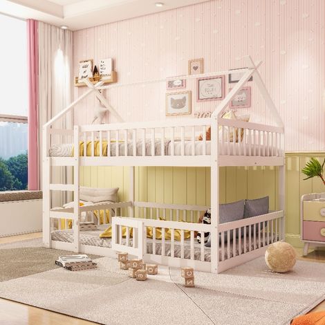 Kinder-Etagenbett 140x200 cm mit Treppe und Rausfallschutz, Familienbett aus Massivholz in Weiß, Hochbett für Kinderzimmer mit Spielbereich (1/5)
