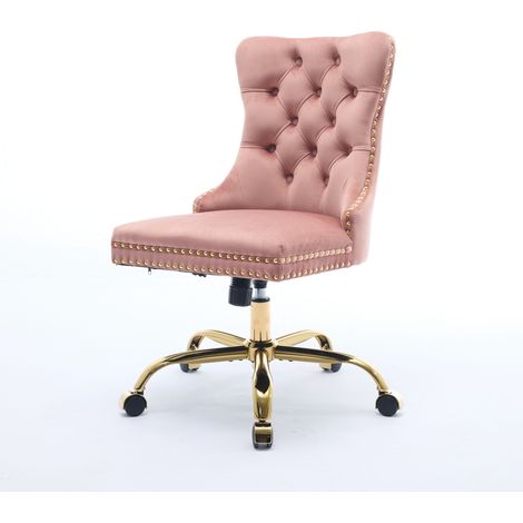 Chaise de bureau moderne en velours rose avec base métallique dorée et assise capitonnée (1/5)