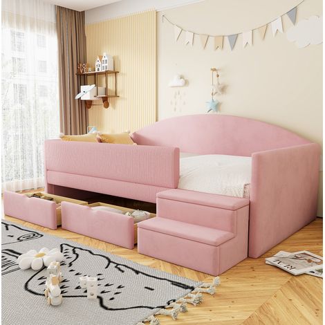 DESVIAE Lit banquette rembourré avec deux tiroirs et barrières de sécurité design courbé en velours rose 90 x 190 cm (1/5)
