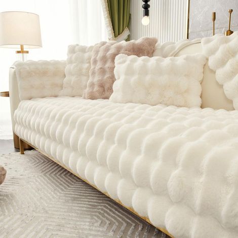 Plaid doux en fausse fourrure pour canapé Beige/Blanc 70x150cm antidérapant