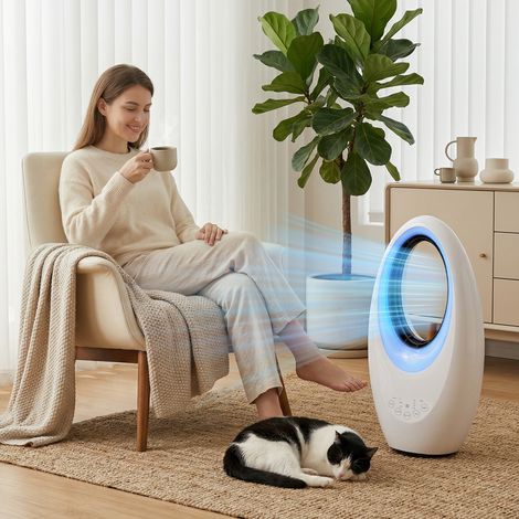 Ventilador de torre sin aspas, silencioso (36 dB), con oscilación de 60°, iluminación LED, 3 velocidades, temporizador de 7,5 horas y mando a distancia.