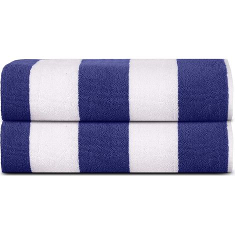 Serviettes de Plage pour Adultes Lot de 2 - Bleu Royal-Blanc Cabana Rayé Classique - Serviette de Piscine 100% Coton Terry Ringspun, Séchage Rapide (1/5)