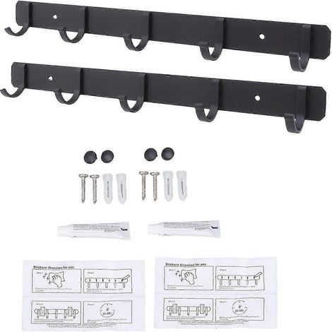 Lot de 2 porte-manteaux muraux à 5 crochets en aluminium spatial, sans perçage, pour sac à dos et clés, noir. (1/4)