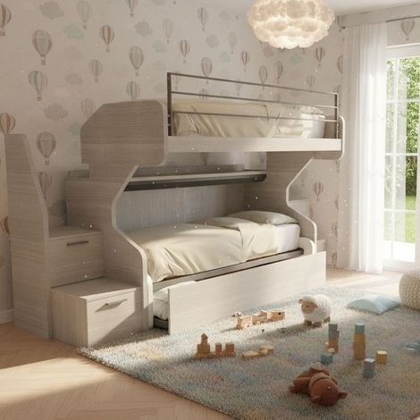 Letto a castello scorrevole con letto estraibile - La soluzione 3 in 1 per la cameretta - Rovere rock