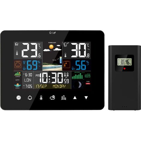 Station météo lever et coucher du soleil réveil multifonction thermomètre hygromètre fonctionnement à écran tactile avec capteur extérieur sans fil,Le noir,de (1/4)