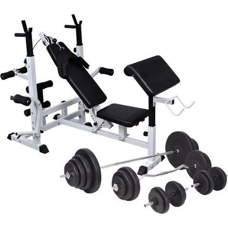 Banc d'entraînement avec support pour barre et ensemble d'haltères de 120 kg